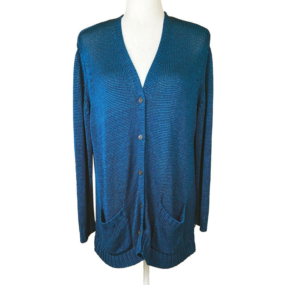 Vintage Anne Klein II Cardigan Size L Blue Open-Knit Pockets Shiny 80s 90s